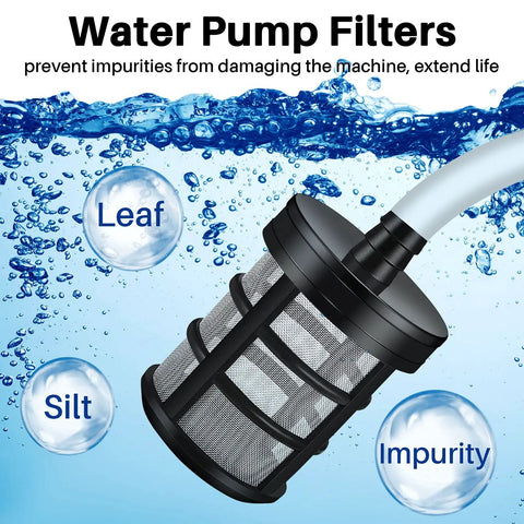 4 Pack Hose Filters For Water Pumps, 50 Mesh Stainless Steel Sediment Strainers connected to hose, visualizes filtration process
