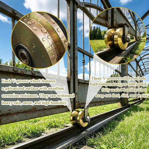 Built Tough Six Inch V Groove Gate Wheels With Dual Sealed Bearings, galvanized for corrosion resistance, ideal for outdoor use.