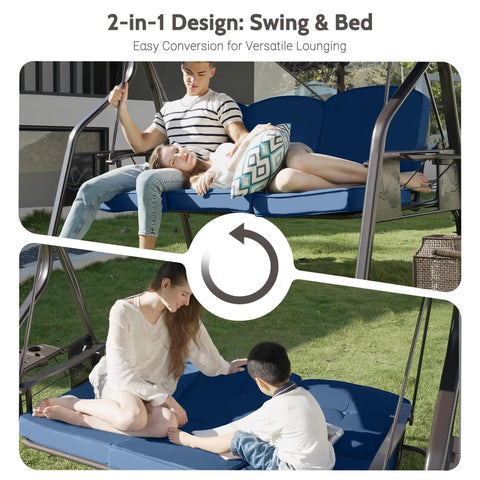 3 Seat Outdoor Porch Swing With Stand For Adults 800 Lb Weight Capacity Convertible Swing Bed With Canopy Deep Cup Holders