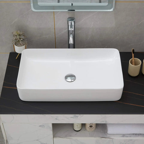 Vessel Sink and Pop Up Drain Kit, 24 By 14 Inch Rectangular Above Counter White Porcelain Ceramic Bathroom Vanity Basin