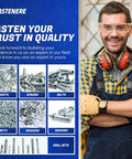 Smiling worker in safety goggles standing beside a display board featuring images of fasteners like rivets, screws, bolts, nuts, and anchors.