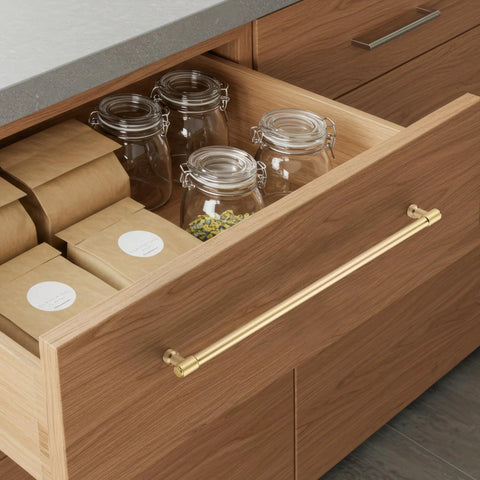 Brushed Gold Kitchen Cabinet Pulls featuring 12 And 3/5 Inch Hole Centers Bang For Your Buck Zinc Alloy Drawer Handles for storage jars and bags.