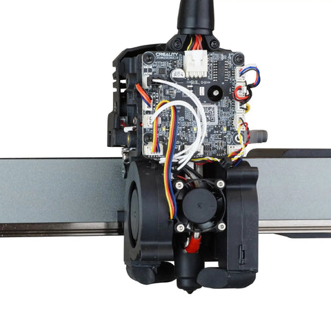 Close-up view of FlowTech Hotend Upgrade For Creality Hi 3D Printer showing solid aluminum build and wiring.