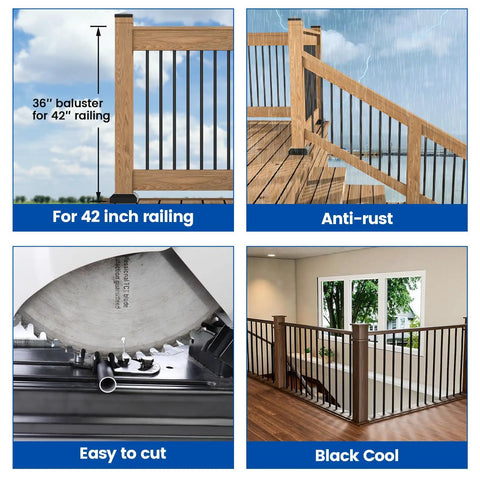 Collage showcasing 25 Pack 36 Inch Aluminum Balusters Round Black For Deck Railing Stairs Porch Spindles Three Quarter Inch
