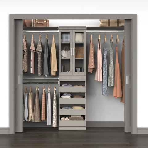Super Slick Modular Closet Storage Organizer With Four Stackable Drawers In Taupe, showcasing a tidy closet with clothes and accessories.