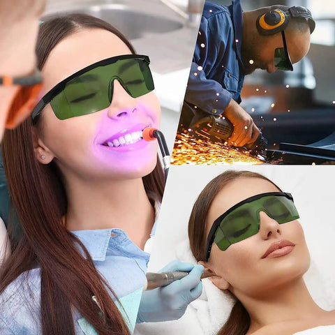 Built Like A Tank Laser Safety Glasses With Locked In Eye Protection For IPL Hair Removal, worn during treatments and industrial tasks.