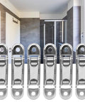 20Pcs Slick Sliding Window Track Rollers for PVC Doors and Windows, Flexible Tandem Pulleys with Double Flat Wheels shown in a bathroom.