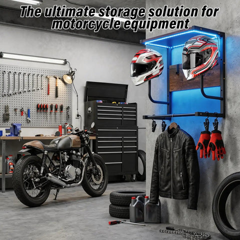 Badass Motorcycle Helmet Rack Wall Mount Featuring Remote Controlled RGB Ambient Light Strip For Grease Monkey Gear Storage With Solid Wood And Steel Build System in a garage with helmets, gloves, and jacket.