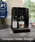 Front view of Automatic Espresso Machine With Built In Grinder And Auto Milk Frother Five One Touch Drinks, showing size.