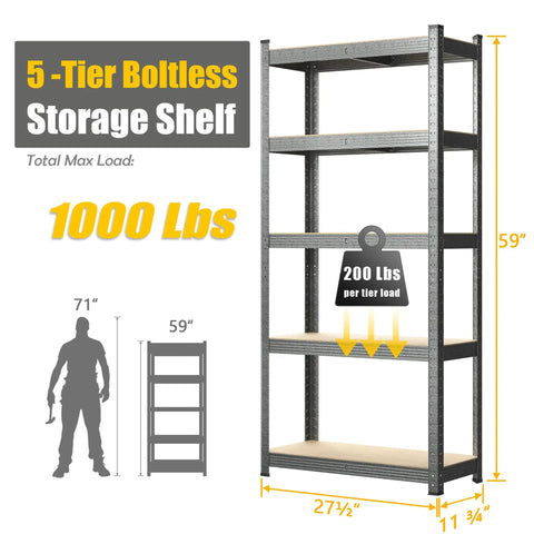 Four Heavy Duty Five Tier Storage Shelves 28 By 12 By 59 Inches Built Rock Solid Utility Rack Organizer For Garage Or Basement Gets The Job Done With Hammer Finish Steel Frame, showcasing a five-tier boltless design with adjustable height.