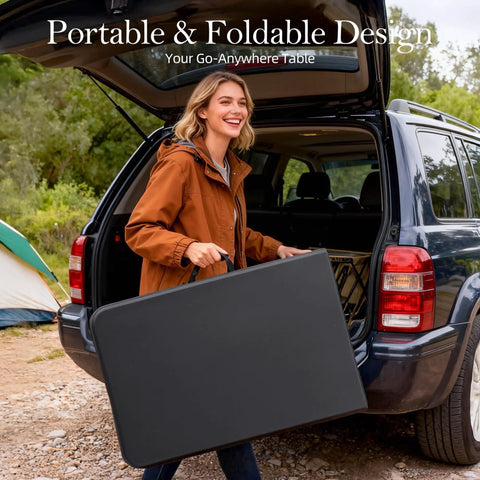 Woman carrying Six Foot Folding Table With Carrying Handle That's Built Tough For Indoor And Outdoor Parties near SUV.