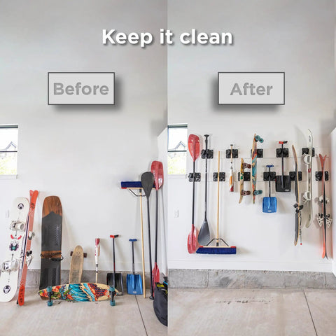 Before and after image showing Kickin Sweet Indoor Ski And Snowboard Wall Mount With Rock Solid Damage Free Grip For Garage Storage.