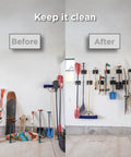 Before and after image of Heavy Duty Ski And Snowboard Wall Rack Badass Garage Stash No Sweat Storage Totes Secure For Any Board Or Ski Hella Reliable 3 Pack Winter Gear Holder organization.