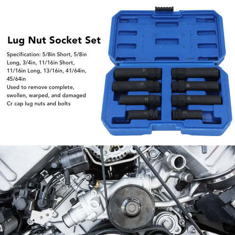 Beefy Eight Piece Thin Wall Lug Nut Socket Set With Spline Key CrMo Steel Wheel Lock Removal Tool Kit in blue case