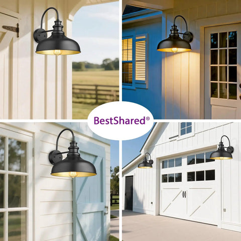 Collage of 11.4 Inch Dome Barn Light Wall Sconce With E26 Socket Weatherproof Anti Rust Exterior Lighting on farmhouse and garage exteriors