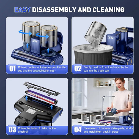Step-by-step cleaning guide for Beast Mode Mattress Vacuum Cleaner With 16KPa Suction 253.7nm UVC Light Ultrasonic Heat 500W Handheld Bed Vacuum For Mattress Sofa Crib 16.4FT Corded Pro.