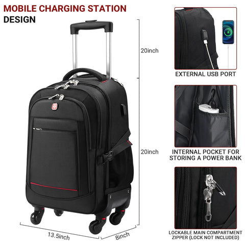 Front view of black rolling backpack with four wheels and extendable handle; multiple zip pockets.