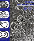 Close-up of Must Have Ultimate C Clip External Retaining Ring Set With 4 In 1 Snap Ring Pliers And Precision Hooks For Grooved Shafts Pins And Studs, 395 Pieces In 17 Sizes Alloy Steel Case Included Waltool showing alloy steel retaining rings