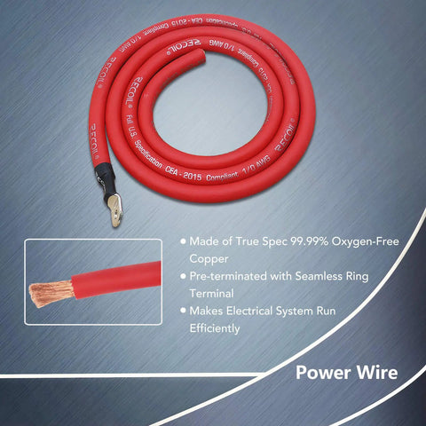 Heavy Duty One Zero Gauge True Spec OFC Wiring Kit For Big Three Audio Upgrade Featuring Premium Flex Ground And Power Cables, red power wire with seamless ring terminal.