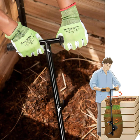 Person using Heavy Duty Compost Stirring Tool 33.4 Inch Turning Bar For Outdoor Compost Tumbler Bins Manual Aerator in garden.