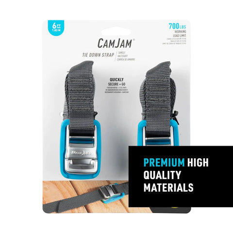 CamJam Tie Down Straps Pack of 2, Heavy Duty 6 Ft Luggage and Gear Straps With Cam Buckle, 700 LB Working Load Limit packaging