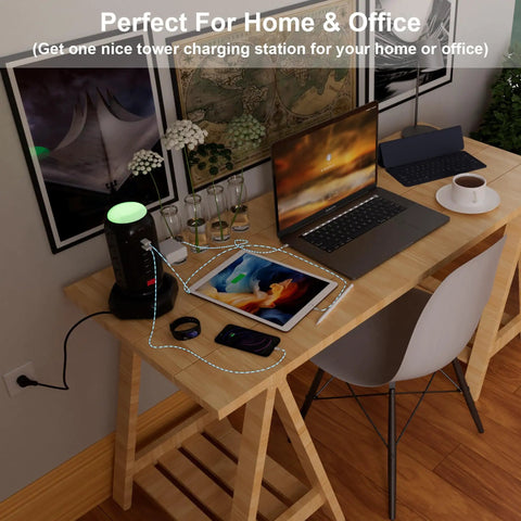 Dope Power Strip Tower With Colorful Nightlight 15 AC Outlets 6 USB Ports on wooden desk in home office setup