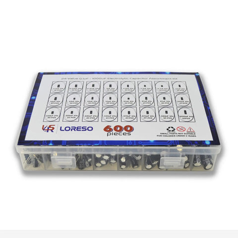 Badass Electrolytic Capacitor Assortment Kit 600 Pieces 24 Values 0.1uF To 1000uF At 50V in clear storage box.