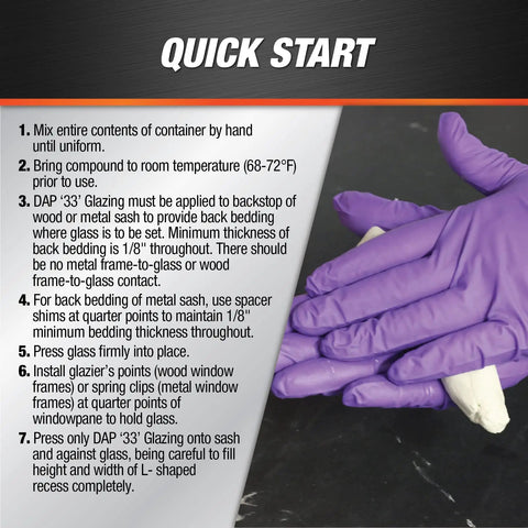 Hands in purple gloves mixing Ready To Use White Window Glazing Compound 32 Oz Tube for DIY sealing projects.