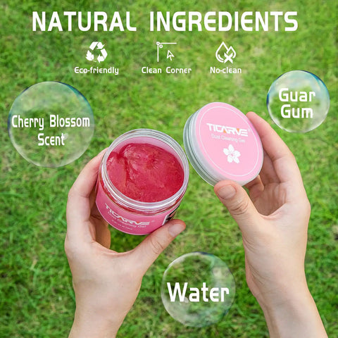 Car Cleaning Gel And Auto Detailing Putty Kick The Grime Out Quick in hands, showing rose red color and cherry blossom scent.