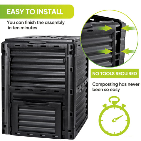 80 Gallon Garden Compost Bin Made From BPA Free Material No Fuss Assembly Large Capacity Aerating Outdoor Compost Box For Fast Fertile Soil Creation Lightweight And Black, shown from a side angle with arrows highlighting easy assembly and a stopwatch graphic.