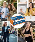 Front view of MEDca Hearing Aid Cleaning Wipes box (100 alcohol-free wipes) with collage of people using devices.