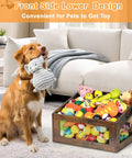 Dog by a Wooden Dog Toy Basket With Slanted Front For Easy Reach filled with colorful toys in a living room setting.
