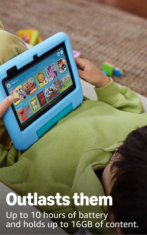Child using a Heavy Duty Seven Inch Tablet For Kids Ages Three To Seven with blue kid-proof case and colorful content display.