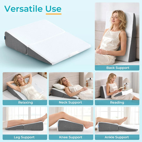 Real Deal Detachable Two Piece Bed Wedge Pillow provides back and leg support in flexible designs for recovery and relaxation.