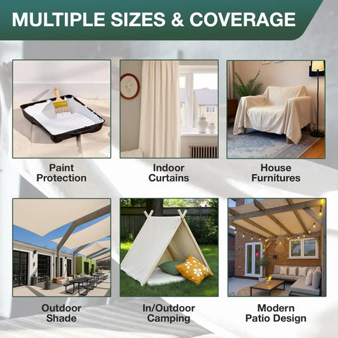 Collage showcasing uses of Cotton Duck Canvas Drop Cloth 12 By 15 Feet for painting, curtains, furniture, outdoor shade, camping, and patio