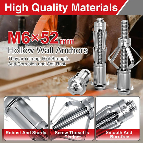 12 Pack M6 X 52mm Metal Drywall Anchors And Molly Bolts Heavy Duty Hollow Wall Fasteners With Screws shown in use detail.