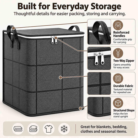 Rock Solid Heavy Duty Foldable Storage Cubes With Secure Snap Lids And Reinforced Carry Handles For Super Roomy Home Organization and Bulky Linen Transport Gear, black fabric, structured design, two-way zipper.