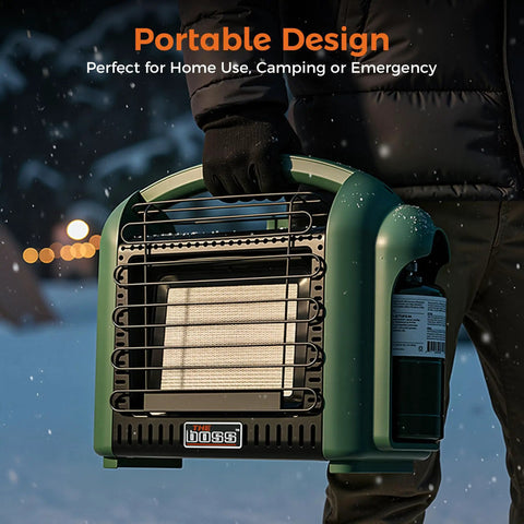 Person holding the 12000 BTU Propane Patio Heater Portable Outdoor Space Heater For Camping And Deck Use, in a snowy outdoor setting