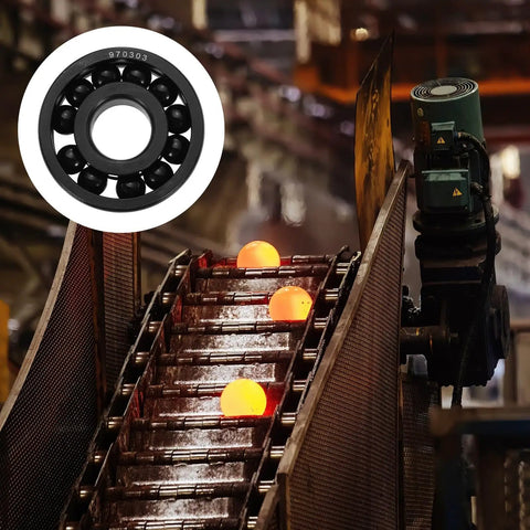 2 Pcs 6303 Deep Groove Ball Bearings Chrome Steel 16.8 By 47 By 14 mm, shown in industrial setting on conveyor.