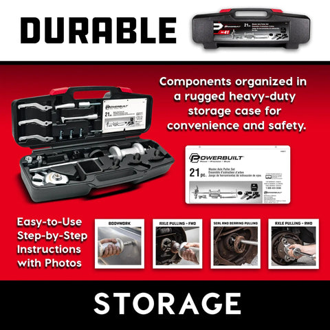 Open view of Master Axle Puller Tool Set 21 Piece Kit For Front And Rear Axles Bearings And Seals Removal with cones, yokes, slide hammer.