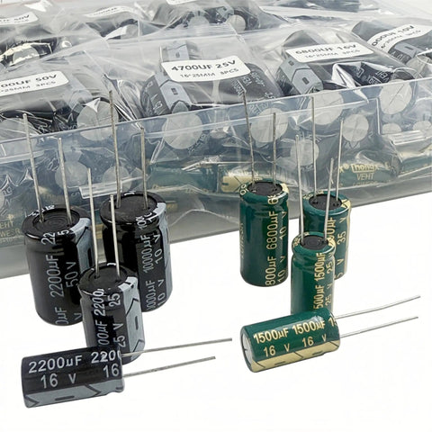 Heavy Duty Aluminum Electrolytic Capacitor Kit Featuring A 25 Value Assortment Spanning 1000Uf To 10000Uf With 10V 16V 25V 35V 50V Ratings for various capacitor sizes in front of a pack.