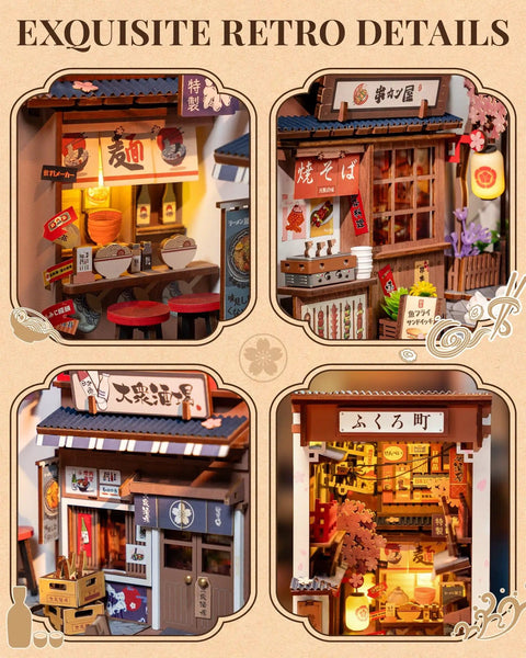 Sakura Wine Alley Japanese Book Nook Kit for Adults and Teens, 3D wooden miniature house puzzle with Edo-style decor close-up