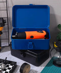 Heavy Duty Metal Tool Box Portable Mechanic Storage Chest For Car Trunk Workbench Organizer with orange tool inside.