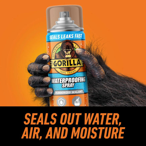 A can of Gorilla waterproofing spray with a gorilla hand, showcasing Clear Rubberized Waterproof Sealant Spray 14 Ounce That Seals Out Water Air And Moisture With Flexible Self Leveling Coating And Easy To Use Spray Pattern For Quick Durable Leak Free Results.