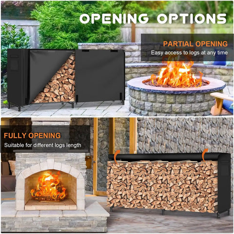 Heavy Duty Outdoor Firewood Rack With Weatherproof Cover Iron Wood Storage Rack For Backyard Or Patio Eight Foot Long Firewood Holder With Waterproof 600D Oxford Fabric Cover And Rust Resistant Finish showing opening options, partial and fully open, near fire pit and fireplace.