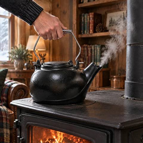Solid Cast Iron Wood Stove Steamer And 3 Qt Humidifier Kettle showcasing steam rising, featuring chrome handle on a wood stove.