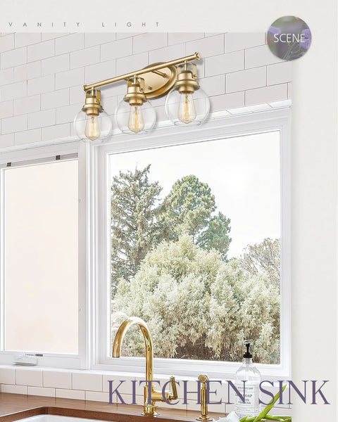 Gold Finish Sleek Modern Vanity Light Fixture With Three Clear Glass Globes Over Mirror For Bathroom Renovation