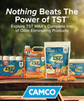 Product display of TST MAX odor eliminating products, including Premium Orange RV Toilet Drops Featuring Reactive Odor Eliminating Technology That Kicks Black Tank Stench To The Curb For A Chill Camper Cleanup A Solid 30 Pack.