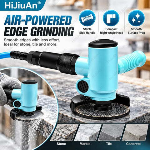 Heavy Duty Four Inch Pneumatic Angle Grinder Featuring Smooth Kickass Rotary Trigger And Clever Side Vent Exhaust For Zero Fuss Metal Grinding Polishing Air Powered Workshop Beast on stone.