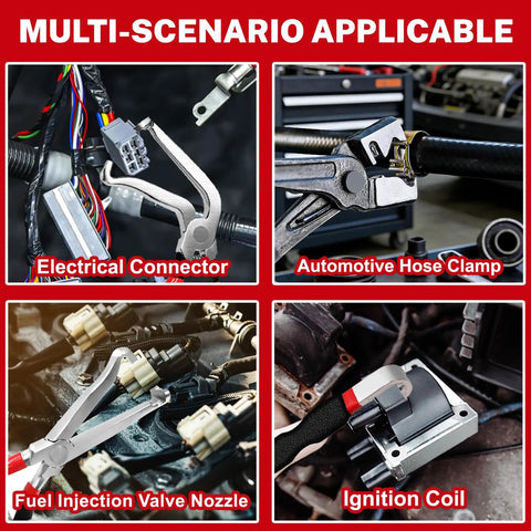 5 Piece Electrical Disconnect Pliers Set With Knuckle Friendly Textured Grips For Extracting Car Terminal Pins and Wire Terminals shown on electrical connectors and hoses.
